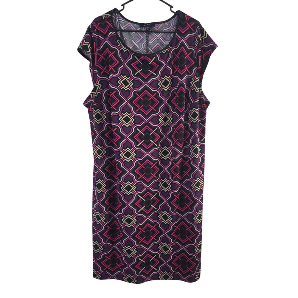 Blu Sage Geometric Print‎ Midi Dress 2x Womens Plus Size Cap Sleeve Stretchy
